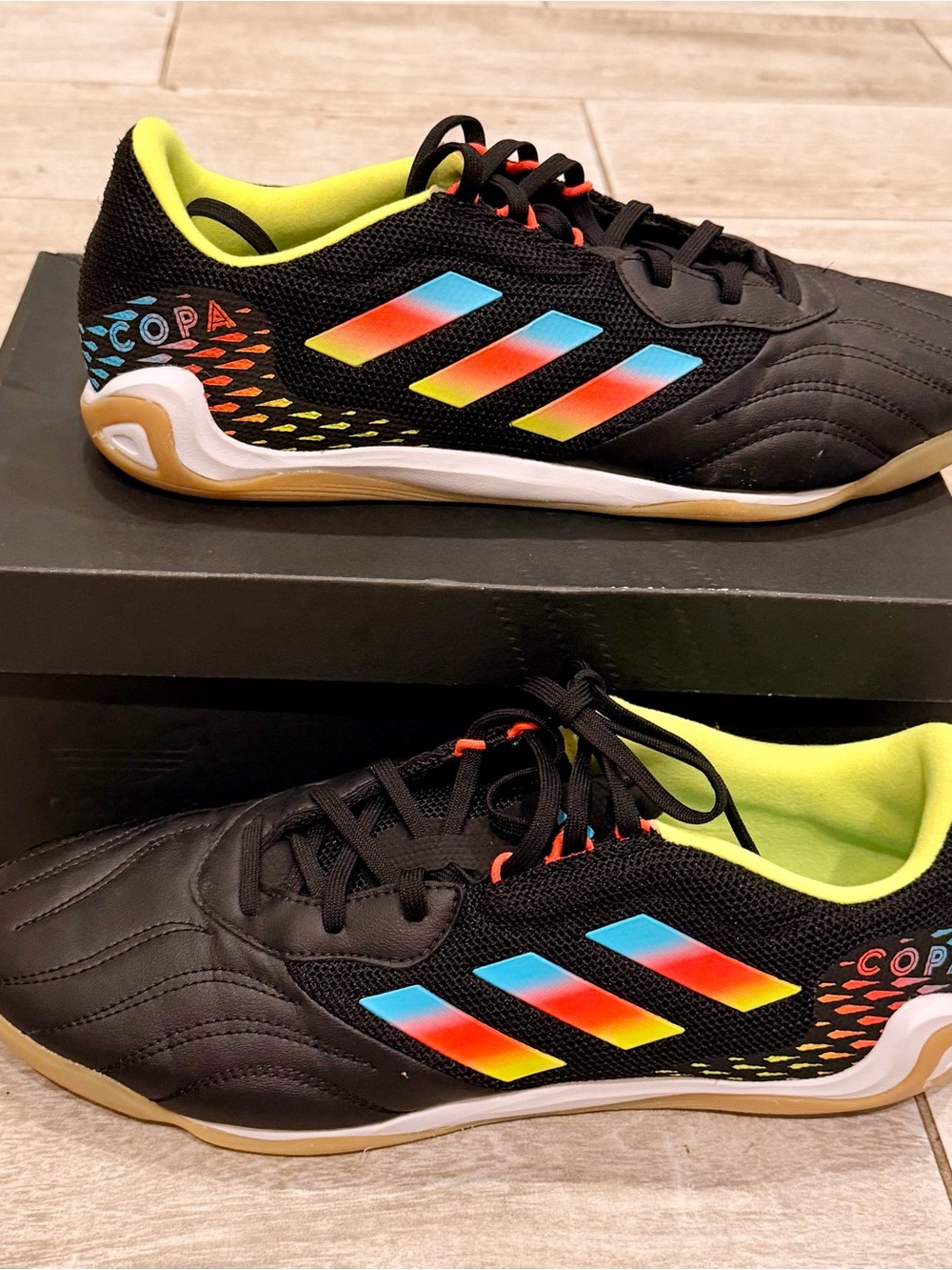 adidas Men’s Copa Indoor Shoes - Black with Neon Blue, Orange & Yellow Accents -